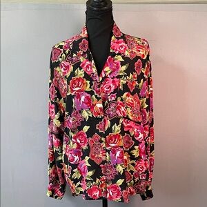 TESS Vintage 100% Silk Rose Floral Button Down Blouse | Size 12